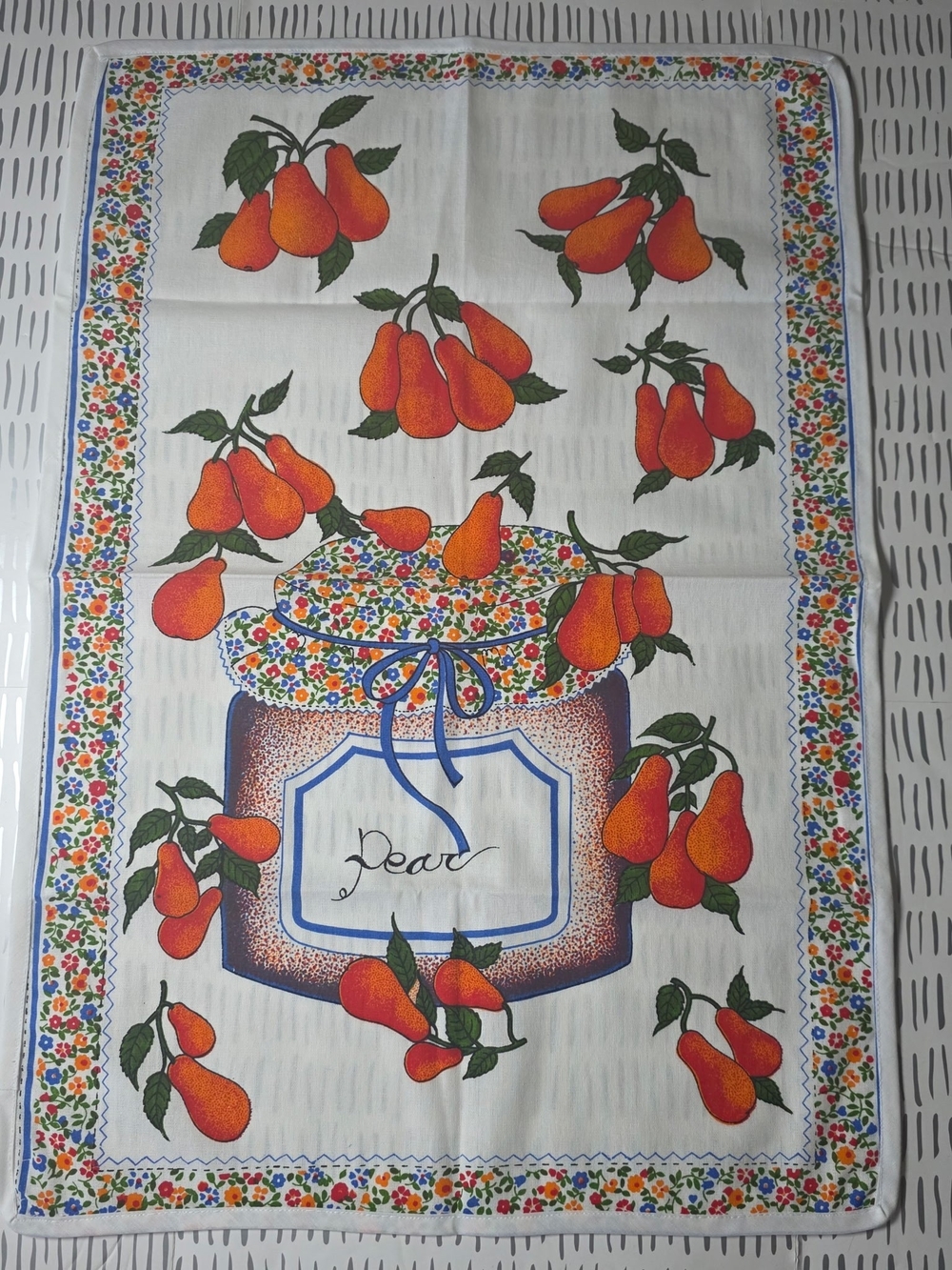 Vintage Kitchen Tea Towel Pear Jam Jar Blue Floral 1970s